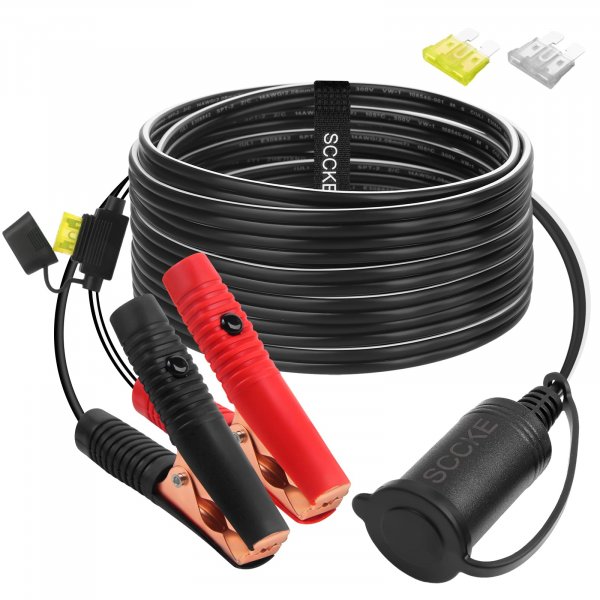 SCCKE 12FT/3.66m 14AWG 20A 12V 24V Female Car Cigarette Lighter Socket to Battery Alligator Crocodile Clips Connector, Car Battery Clamp-on Extension Charge Cable with 20A Fuse