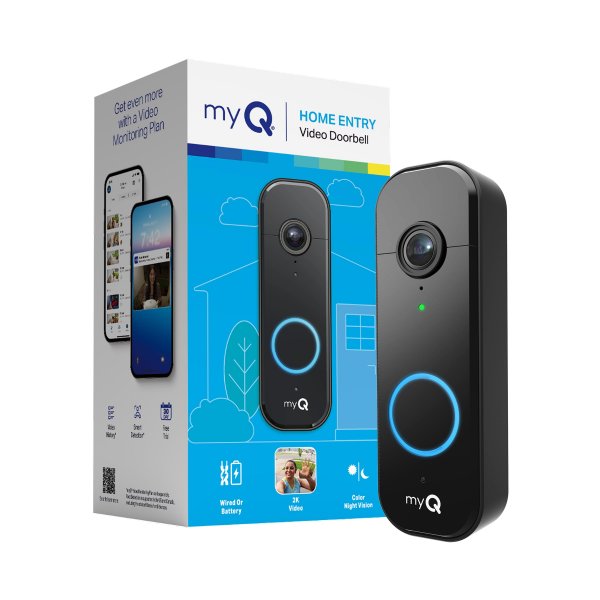Chamberlain myQ Video Doorbell | 2K Camera, Battery/Wired, Color Night Vision, Live with 2-Way Talk, Motion Detection & Real-Time Alerts, 150 Deg Wide View, Black