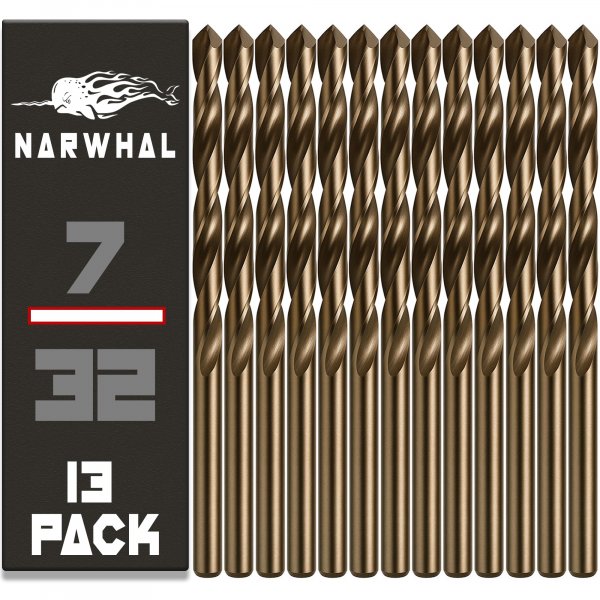 Narwhal 7/32 Inch Cobalt Drill Bits (13 Pack - Industrial Grade M35 Cobalt) 3-5/8" Length & 135 Degree Split Point for Drilling Into Metal, Hardened & Stainless Steel, Cast Iron, & More!