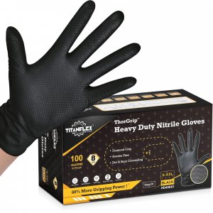 TitanFlex Heavy Duty Black Industrial Nitrile Gloves, 8-mil, XL, Box of 100, Latex Free, Raised Diamond Texture, Powder Free, Food Safe, Rubber Gloves, Mechanic Gloves(XL)