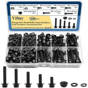 Vifmy M6-1.0 Bolt x (Length 12/16/20/25/30mm) Flange Head Bolts Assortment Kit (240 Pack) with 6mm Bolt, Serrated Flange Nuts, Washers, Alloy Steel Black Oxide Finish Plated, Full Thread