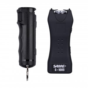 SABRE Pepper Spray & 2‑in‑1 Stun Gun with Flashlight Self Defense Kit – Fast Flip Top 10‑Second Safety Spray with Finger Grip & Keychain – Rechargeable Stun Gun, 1.60 µC Charge, 120‑Lumen LED Light