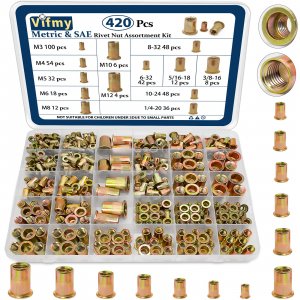 Vifmy SAE & Metric Rivet Nut Assortment Kit 420Pcs Zinc Plated Certnut