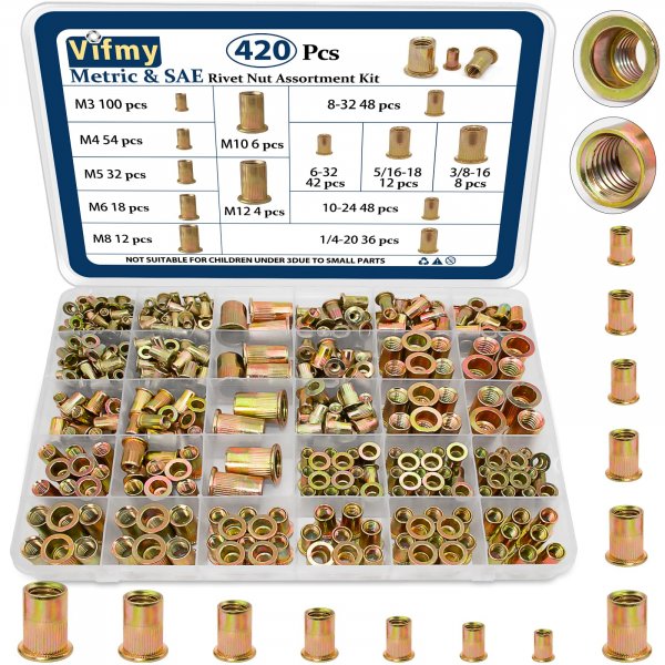 Vifmy SAE & Metric Rivet Nut Assortment Kit 420Pcs Zinc Plated Certnut
