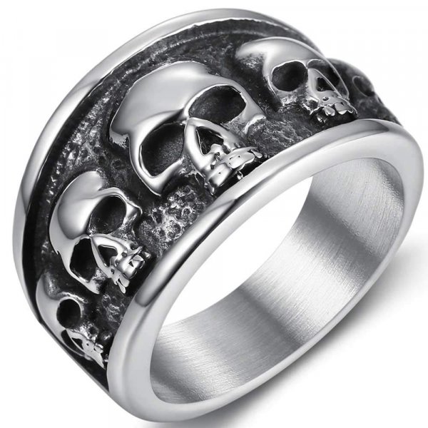 JUDE Retro Vintage Stainless Steel Gothic Death Skull Skeleton Cocktail Party Biker Statement Halloween Ring (Silver, 9)