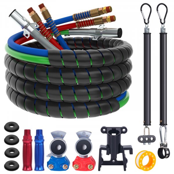 CheeMuii 15FT Semi Truck Air Line Kit with Gladhand Holder and Springs Kit Red & Blue Air Brake Hoses and 7 Way Trailer Cord 3-in-1 Air Lines Set for Semi Truck Trailer Tractor