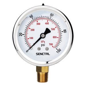 SENCTRL 0-100 Psi Liquid Filled Low Pressure Gauge, 1/4" NPT Lower Mount