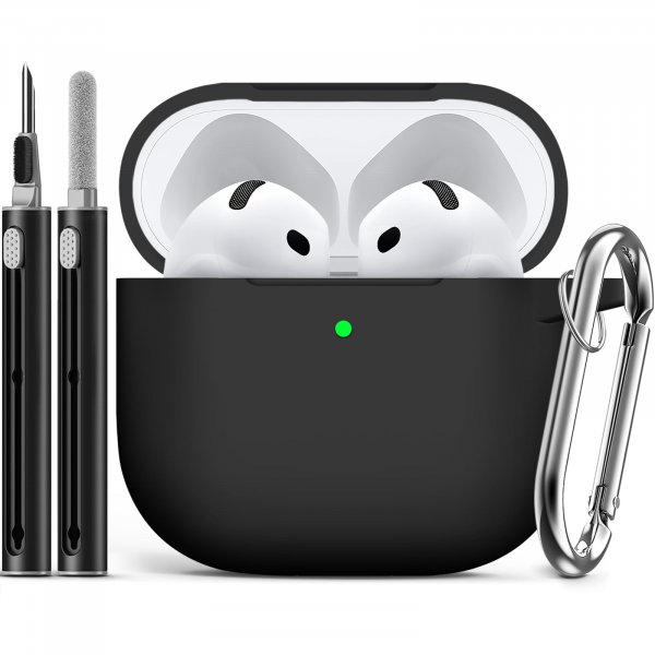 Ljusmicker for AirPods 4 Case 2024 with Cleaner Kit,Soft Silicone Protective Cover for Apple AirPods 4th Generation Cases for Women Men,Compatible with AirPod 4 Case Accessories with Keychain-Black