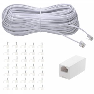Ubramac 100Feet Long Telephone Extension Cord Phone Cable Line Wire, with Standard RJ11 Plug and 1 in-Line Couplers and 35Cable Clip Holders-White