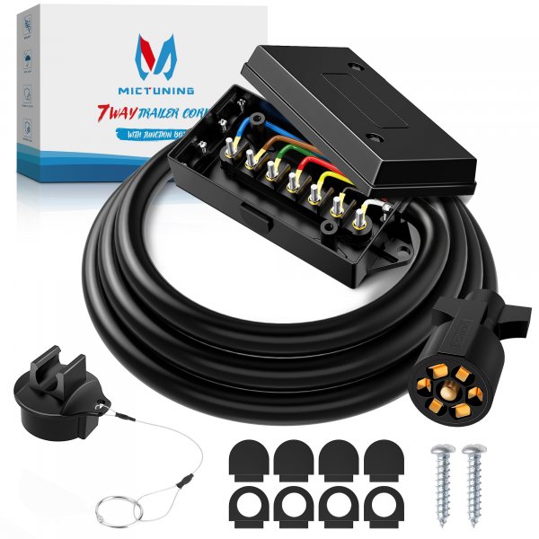 MICTUNING Heavy Duty 7 Way Plug Inline Trailer Cord with 7 Gang Junction Box 8 Feet, Weatherproof