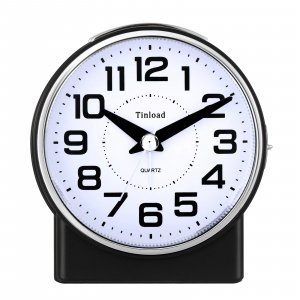 Tinload 4.3" No Ticking Analog Alarm Clock,Silent Readable for Seniors,Easy to Set,Gradual Rise Alarm,Big Numbers,On/Off Switch on Side,Gentle Wake,Snooze,Lighted on Demand,Battery Operated,Black