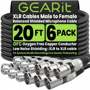 GEARit XLR Cables 20ft 6 Pack, XLR Cable Pack Male to Female, Balanced Shielded Microphone Cable with Copper Conductors for PA System, Studio Recording, Live Sound & Podcasting