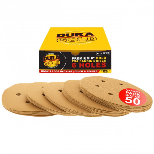 Dura-Gold Premium 80, 120, 220, 320, 400 Grit 6" Gold Sandpaper Discs, 6 Hole Pattern Dustless, 10 Each, 50 Total - Hook & Loop Backing for DA Sander, Sanding Automotive Paint, Woodworking Wood, Metal