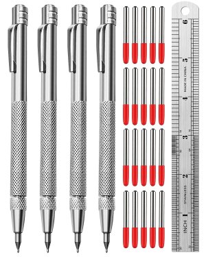 Tungsten Carbide Scriber, Knurled Aluminum Handle, 4-Pack with Bonus Marking Tips and Steel Ruler, Ideal for Detailed Crafting and Carving