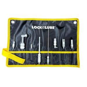 LockNLube 8-Piece Quick Connect Greasing Accessory Kit. Complete grease fitting connection kit. Reach any grease fitting on any machine. The rip-stop case keeps tools clean and portable.