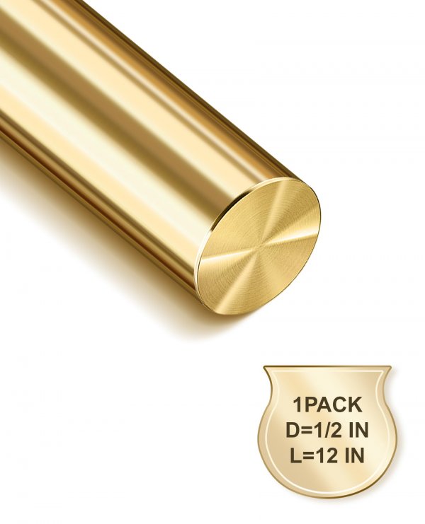 LRVOJUY 1-Pack Solid Brass Rods, 1/2 x 12 Inch Brass Rod, Premium Brass Round Stock, Precision-Cut with Polished Finish, Ideal for Knife Handle Pins, Machining, Crafts, and DIY Projects