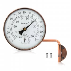 Dunuo 4" Brass Outdoor Thermometer with Humidity, Analog Wall Mount Temperature Gauge, Decorative for Patio, Garage, House, Greenhouse, Window, Antique Bronze, No Battery
