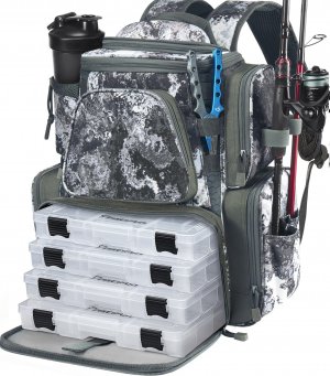 Piscifun Fishing Backpack with 2 Rod Holders, 4 Boxes & Rain Cover, VEIL