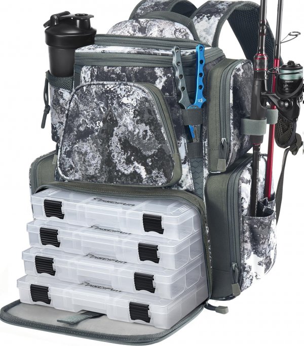 Piscifun Fishing Backpack with 2 Rod Holders, 4 Boxes & Rain Cover, VEIL
