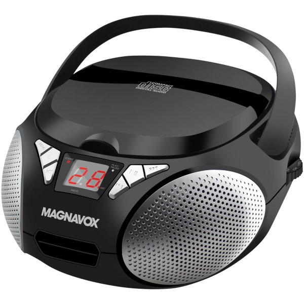 Magnavox Portable Top Loading CD Boombox with AM/FM Stereo Radio in Black | CD-R/CD-RW Compatible | LED Display | AUX Input | Programmable CD Player | 1.6 watts of Audio
