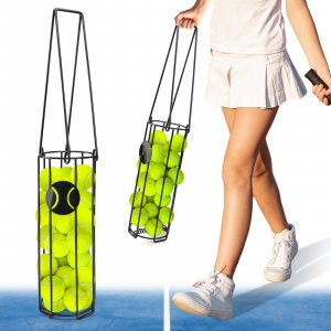 HolyMaji Cylindrical Tennis Ball Hopper Collector Pickleball Balls Retriever Basket Tennis Ball Picker Upper for Easy Picking and Storage Metal Container Holds 24 Tennis Balls Training Caddy (Black)