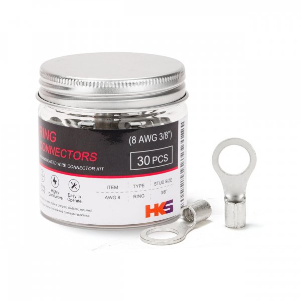HKS 30PCS Non-Insulated Ring Terminals, 3/8” Stud, AWG 8 (6-10mm²) Tinned Red Copper Crimp Connectors, M10 Bolt Size, Uninsulated Wire Lugs for Electrical Wiring & Automotive Applications