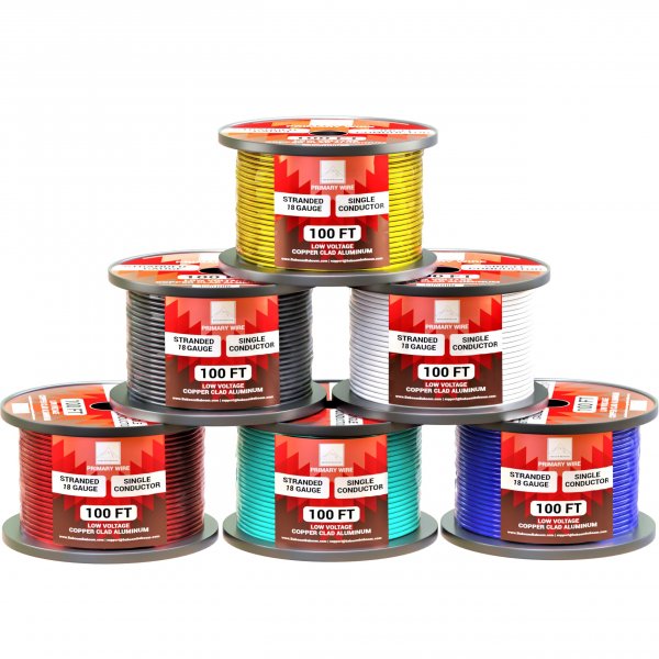 18 Gauge Wire Combo 6 Pack (600ft Total) 100ft Per Roll, 12V Low Voltage Automotive and Electrical Cable, Copper Clad Aluminum (CCA)