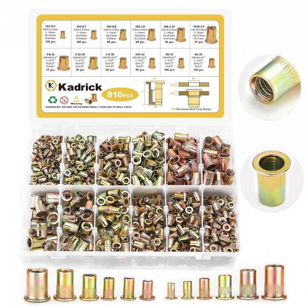 KADRICK 810PCS SAE & Metric Rivet Nut Kit, 6-32 to 3/8-16, M3-M10