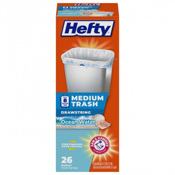 Hefty 8 Gallon Medium Trash Bags, White, Ocean Water Scent, 26ct