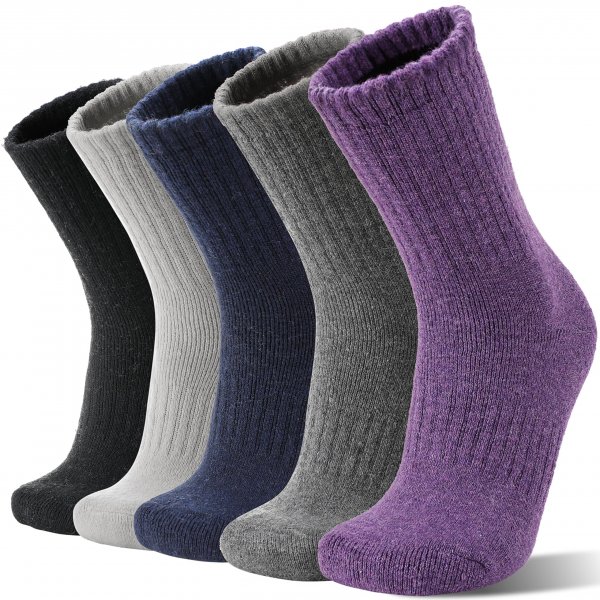 Sandsuced Merino Wool Socks for Women Hiking Warm Winter Thick Boot Thermal Cozy Crew Work Soft Ladies Socks Gift 5 Pack Stocking Stuffers（ Purple/Blue/Black/Grey/Dull Grey）