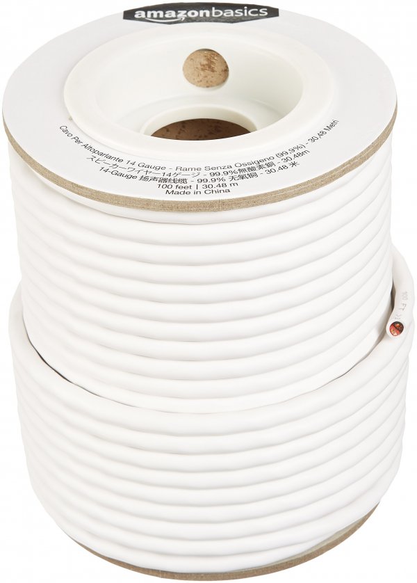Amazon Basics 14-Gauge Audio Speaker Wire Cable for Audio Applications, 99.9% Oxygen-Free Copper, Color Coded, Insulated Jacket, 100-Foot, White