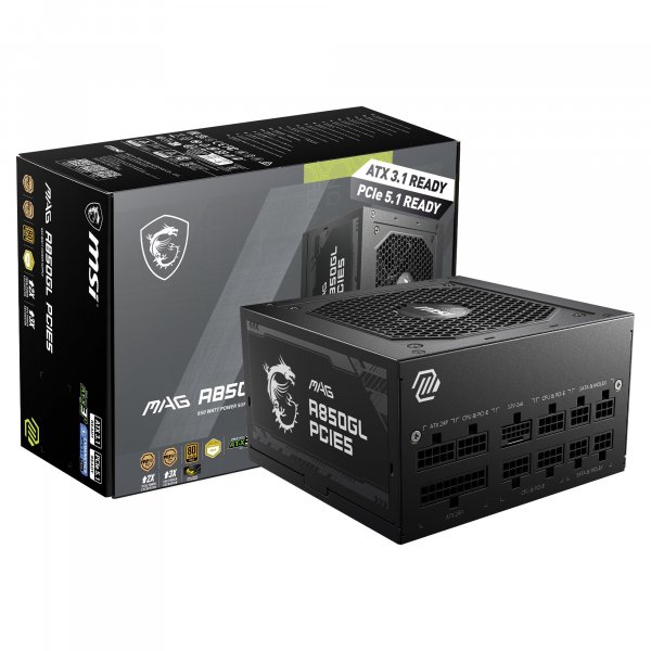 MSI MAG A850GL PCIE5, Fully Modular Compact Gaming 850W Power Supply, 80+ Gold, ATX 3.1 & PCIe 5.1 Ready, Native Dual-Color 12V-2x6 Cable, 10 Year Warranty