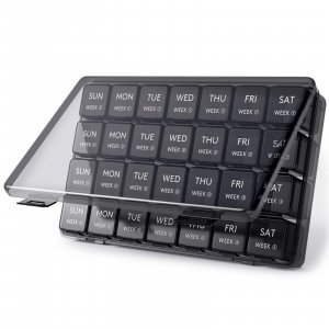 Lifewit Monthly Pill Organizer, 28 Day Pill Box, 4 Weeks One Month Vitamin Cases, Large Compartments Medicine Organizer for Fish Oils, Supplements, 28 Grids, Black