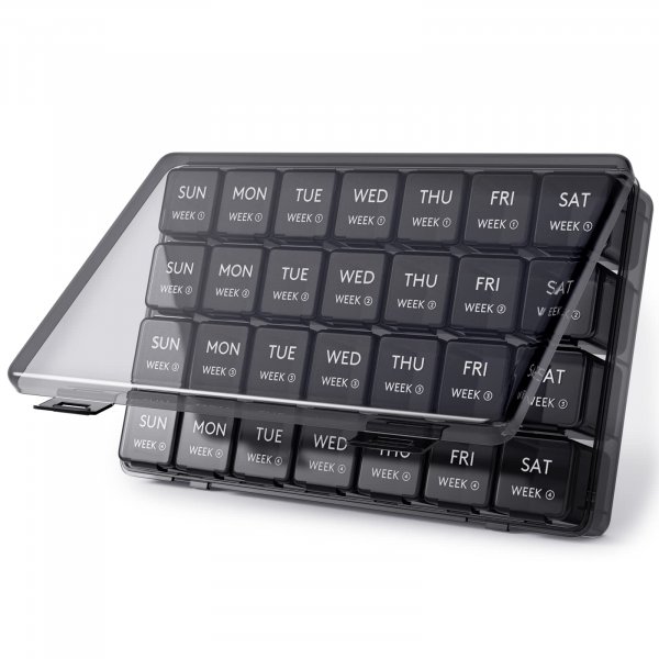 Lifewit Monthly Pill Organizer, 28 Day Pill Box, 4 Weeks One Month Vitamin Cases, Large Compartments Medicine Organizer for Fish Oils, Supplements, 28 Grids, Black
