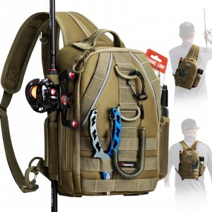 Piscifun Fishing Backpack with Rod Holder, Lightweight Sling Bag Storge Gear and Equipment, Khaki, Urban, Standard