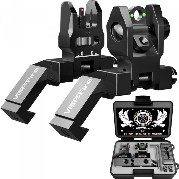 Visiofire 45 Degree Offset Iron Sights| Flip Up Fiber Optic Sights with Red Green Dots| Tool-Free Adjustable Back Up Canted Iron Sights Rapid Transition