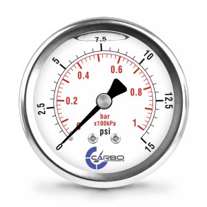 CARBO Instruments 15 PSI Glycerin Liquid Filled Pressure Gauge, 2.5" Dial, 1/4 NPT Back Mount, 304 Stainless Steel Case, Brass Wetted Parts, Dual Scale PSI/Bar - ASME B40.1 Grade A