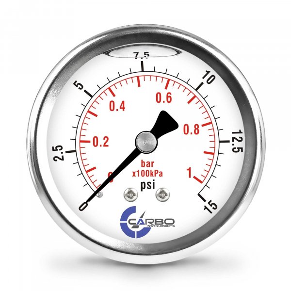 CARBO Instruments 15 PSI Glycerin Liquid Filled Pressure Gauge, 2.5" Dial, 1/4 NPT Back Mount, 304 Stainless Steel Case, Brass Wetted Parts, Dual Scale PSI/Bar - ASME B40.1 Grade A