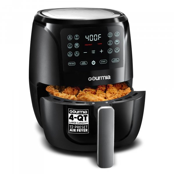 Gourmia Air Fryer - 4 Qt Capacity, FryForce360º, Digital Display with 8 Presets, Roast, Bake, Broil, Dehydrate, Dishwasher Safe Accessories, Compact, Black