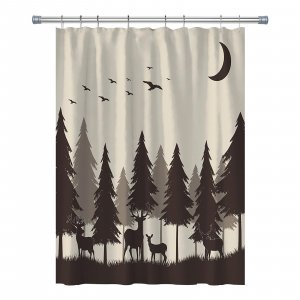 RV Shower Curtains Forest Mountain Happy Camper, Cloth Fabric RV Bathroom Decor Curtain Sets with Hooks 47WX64H Inches (Grey Black)