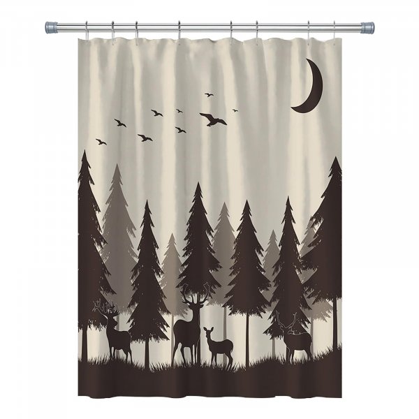RV Shower Curtains Forest Mountain Happy Camper, Cloth Fabric RV Bathroom Decor Curtain Sets with Hooks 47WX64H Inches (Grey Black)