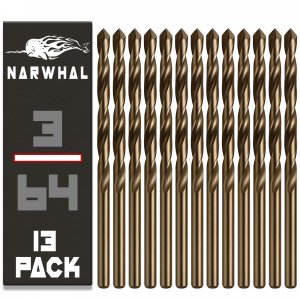 Narwhal 3/64 Inch Cobalt Drill Bits (13 Pack - Industrial Grade M35 Cobalt) 1-1/2" Length & 135 Degree Split Point for Drilling Into Metal, Hardened & Stainless Steel, Cast Iron, & More!