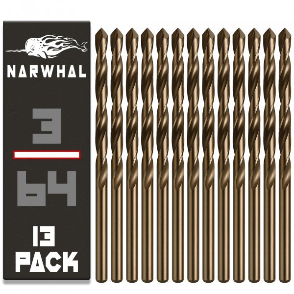 Narwhal 3/64 Inch Cobalt Drill Bits (13 Pack - Industrial Grade M35 Cobalt) 1-1/2" Length & 135 Degree Split Point for Drilling Into Metal, Hardened & Stainless Steel, Cast Iron, & More!