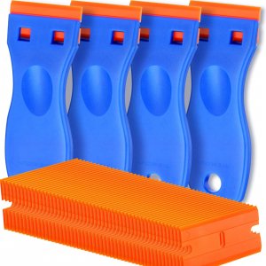 4 Pcs Plastic Razor Blade Scraper and 100 Pcs Blades, Remove Label Decal Tool， Forwithout Scratches Plastic Razor Blade Scraper, Adhesive Remover for Stickers, Gaskets and Paints on Window Car Glass