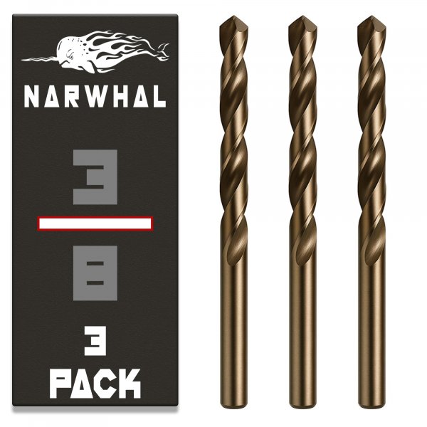Narwhal 3/8" Drill Bits (M35 Cobalt - 3 Pack) 5" Length for Drilling Into Metal, Hardened & Stainless Steel