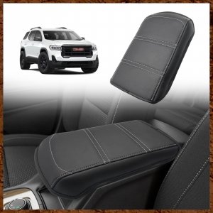 Muslogy Center Console Armrest Cover Fit for Acadia 2017-2023 Accessories, Comfort Armrest Pad Console Lid Cushion Vegan Leather Regular Thick (Black/White Trim)