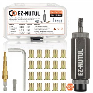 Rivet Nut Installation Tool Set Flat Head Rivnut Threaded Insert Nut Kit SAE & Metric for Metal Heavy Duty Zinc Plated Nutsert (1/4-20(Rivet Nut Tool-25pcs))