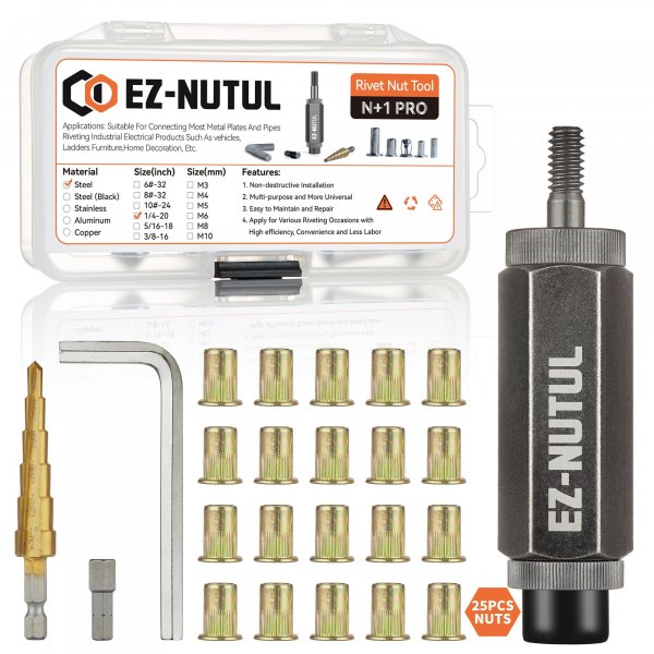 Rivet Nut Installation Tool Set Flat Head Rivnut Threaded Insert Nut Kit SAE & Metric for Metal Heavy Duty Zinc Plated Nutsert (1/4-20(Rivet Nut Tool-25pcs))