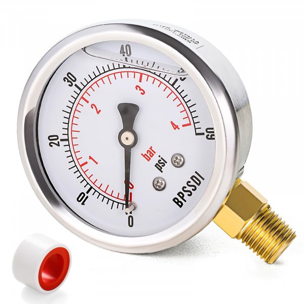 BPSSDI 0-60 Psi Glycerin Liquid Filled Low Pressure Gauge, 2.5" Dial Size, 1/4" NPT Lower Mount, 304 Stainless Steel Case, for Water Oil Air Pressure Test, Refrigeration Systems(Such as Evaporators)
