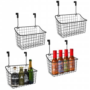 ACXFOND 4PCS Over the Cabinet Basket, Over Cabinet Door Organizer, Grid Storage Baskets with Hooks, Metal Hanging Basket Kitchen Storage Organizer Holder for Pantry, Bathroom, Black, 11x9.2x4.3’’